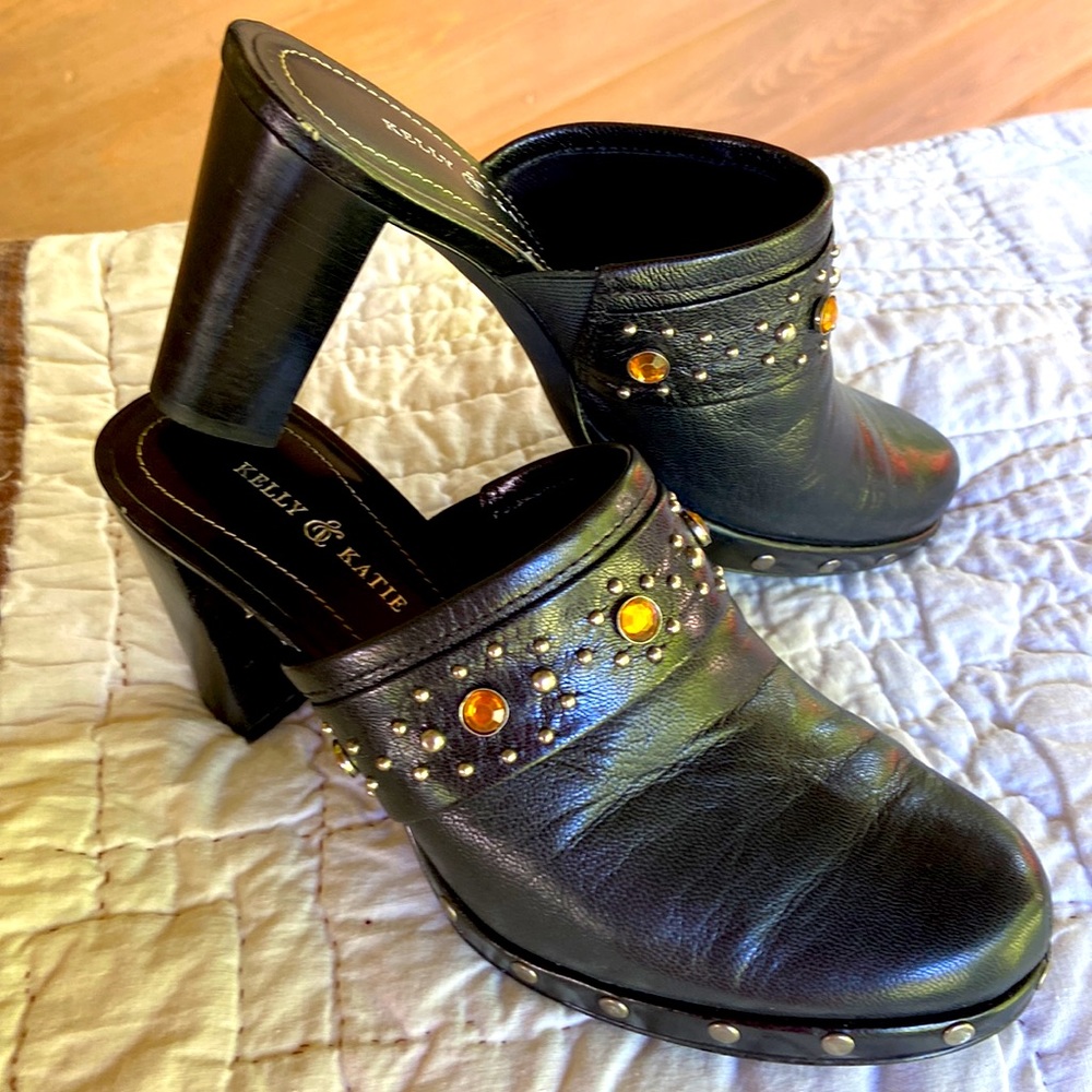 Kelly & Katie Black Leather Mules with Amber Rhinestone embellishments- Size 6